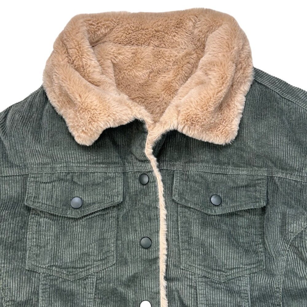 Green Corduroy Faux Fur Jacket Women Small Outdoors Academia Casual
